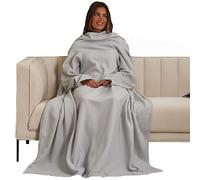 OHS Polar Fleece Blanket With Sleeves Wearable Throw Cosy Super Soft Warm Wrap, Silver - 135 x 170cm