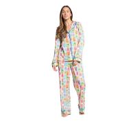 OHS Postcard Print Piped Pyjamas for Women Long Sleeve Shirt and Full Length Bottom Womens Pyjamas Bride Pjs Set Two Piece Button Down Soft Warm Winter Nightwear Sleepwear Loungewear, Blue - S/M