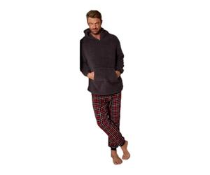 OHS Pyjama Set Mens Teddy Fleece Hoodie and Checkered Full Length Bottom Pyjamas for Men Pullover Pjs Set of 2 Soft Warm Winter Nightwear Sleepwear Loungewear, Burgundy