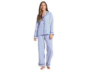 OHS Pyjamas for Women Lemon Striped Long Sleeve Shirt and Full Length Bottom Seersucker Pyjamas Bride Pjs Set Two Piece Button Down Soft Warm Winter Nightwear Sleepwear, Blue - L/XL