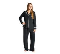 OHS Pyjamas for Women Piped Long Sleeve Shirt and Full Length Bottom Pyjama Set of 2 Button Down Soft Warm Winter Nightwear Pjs Set Sleepwear Loungewear, Black - S/M