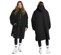 OHS Rain Coats for Men Women, Oversized Waterproof Jacket Fleece Lining Women's Jackets Drying Robe with Hood & Pockets Lightweight Black Raincoat Women Changing Robe Outdoor Travel, S/M