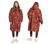 OHS Rain Coats for Women, Leaves Print Oversized Waterproof Jacket Fleece Lining Drying Robe with Hood & Pockets Lightweight Ladies Jackets Changing Robe for Outdoor Travel, Orange/Burgundy - L/XL