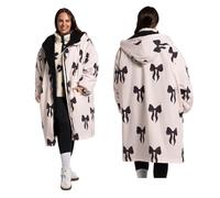 OHS Rain Coats for Women, Lightweight Bow Print Dry Robe Adult Womens Fleece Lining Oversized Waterproof Jacket with Hood & Pockets Breathable Changing Robe for Outdoor, Monochrome - X/XL