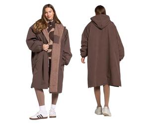OHS Rain Coats for Women, Oversized Waterproof Changing Robe Fleece Lining Women's Jackets with Hood & Pockets Ladies Lightweight Jackets Breathable Dry Robes Adult Womens for Outdoor, Brown - S/M