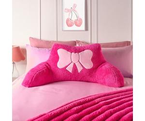 OHS Reading Pillow for Bed Adult Pink, Embroidered Bow Cuddle Cushion Super Soft cosy Teddy Fleece Back Support Cushion with Arms Headboard Pillow Bed Cushions Relaxing Comfy