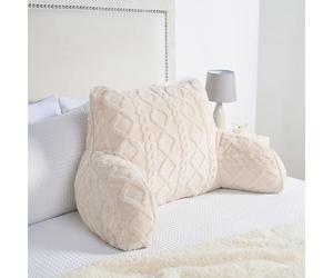OHS Reading Pillow for Bed Sofa, Cable Knit Design Cuddle Cushion for Sitting Up in Bed Super Soft Cosy Back Support Cushion with Arms Adult Cuddle Pillow, Cream