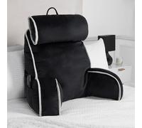 OHS Reading Pillow with Head Rest, Detachable Neck Roll Piped Edge Cuddle Cushion with Arms for Bed Sofa Super Soft High Back Support Pillow for Sitting Up in Bed, Black