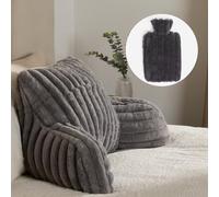 OHS Reading Pillows with Hot Water Bottle Included, Ribbed Faux Fur Back Support Cushion Soft Cosy Snuggle Cushion with Arms Gaming Pillow for Bed, Grey