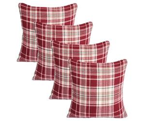 OHS Red Covers for Filled Inserts, Dorset Woven Check Square Cushions Soft Comfy Decorative Bedroom Living Room Throw Pillows Sofa Cuddle Cushions, Set of 4