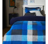 OHS Reversible Teddy Fleece Duvet Set, Super Soft Warm Winter Bedding Vibrant Patchwork Check Quilt Duvet Cover Double Cosy Fluffy Thermal Teddy Bear Bedding with Pillowcases, Navy/Grey