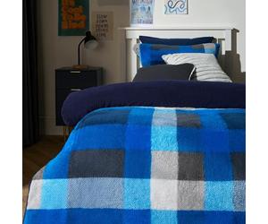 OHS Reversible Teddy Fleece Duvet Set, Super Soft Warm Winter Bedding Vibrant Patchwork Check Quilt Duvet Cover Single Cosy Fluffy Thermal Teddy Bear Bedding with Pillowcase, Navy/Grey