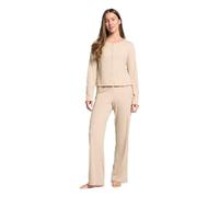 OHS Ribbed Bride Pyjamas, Gifts for Women Lettuce Edge Long Sleeve Round Neck Full Length Bottom Pjs for Women Sets Two Piece Button Down Women's Pyjama Sets Loungewear Sleepwear, Natural - S/M