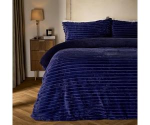 OHS Ribbed Faux Fur King Size Duvet Cover Set, Luxurious Cosy Autumn Winter Bedding Set Super Soft Cosy Warm Plush Teddy Fleece Reversible Quilt Duvet Cover with Pillowcases, Navy