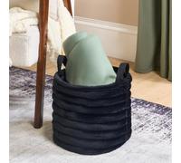 Ohs Ribbed Faux Fur Storage Basket With Handles Compact Bucket Organiser - Black