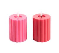 OHS Ribbed Flameless Candles Battery Operated, Set of 2 Realistic LED Candles Warm Flickering Electric Pillar Candle for Home Decor Wedding Event Decor Flame-Free Authentic Mood Lighting, Red/Pink
