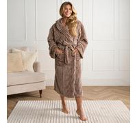 OHS Ribbed Fleece Dressing Gown Hooded Loungewear Bathrobe in Brown OHS Brown One Size