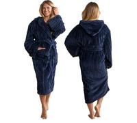 OHS Ribbed Fleece Dressing Gown Womens, Mothers Day Gifts Bathrobe with Hood & Pockets Soft Warm Comfy Luxury Oversized Fluffy Ladies Dressing Gowns, Navy One Size