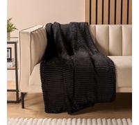 OHS Ribbed Fleece Throw Over Bed Blanket Plush Supersoft Travel Bedspread, Black