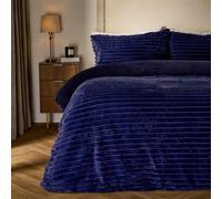 OHS Ribbed Super King Duvet Cover Faux Fur Winter Warm Bedding Set, Navy