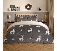 OHS Ribbed Teddy Fleece Duvet Set King Size Stag Print, Ultra Soft Reverse Faux Fur Duvet King Size with Pillowcases Teddy Fleece Fur Thermal Chunky Ribbed Bedding - Grey