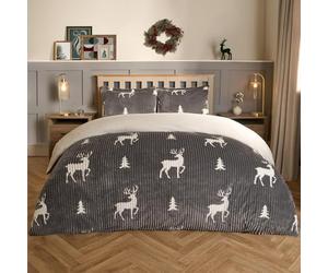 OHS Ribbed Teddy Fleece Duvet Set King Size Stag Print, Ultra Soft Reverse Faux Fur Duvet King Size with Pillowcases Teddy Fleece Fur Thermal Chunky Ribbed Bedding - Grey