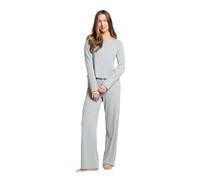 OHS Ribbed Womens Pyjamas Long Sleeve Shirt Round Neck Full Length Bottom Pyjama Set of 2 Button Down - Grey, Natural