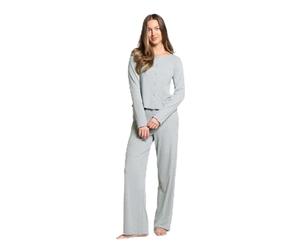 OHS Ribbed Womens Pyjamas Long Sleeve Shirt Round Neck Full Length Bottom Pyjama Set of 2 Button Down - Grey, Natural