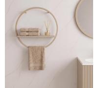 OHS Round Towel Holder with Wooden Shelf Towel Rack Wall Mounted, Natural | Metal Frame Towel Shelf for Bathroom Shower Storage Bathroom Accessories Display Shelf Organiser Rustproof Easy To Install