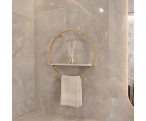 OHS Round Towel Rack with Wooden Shelf Towel Holder Wall Mounted, Stone | Gold Metal Frame Towel Shelf for Bathroom Shower Storage Bathroom Accessories Display Shelf Organiser Rustproof Easy Install