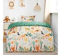 OHS Safari Kids Single Duvet Cover Set, Ultra Soft Warm Microfibre Polyester Bedding Single Quilt Cover Reversible Animal Print Boys Girls Bedding with Pillowcases, Green/White