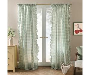 OHS Sage Green Voile Curtains, 87 Drop 2 Panels Net Curtain for Windows Decorative Gingham Check Frill Edge Slot Top Sheer Curtains for Living Room Bedroom 55" x 87"