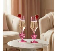 OHS Set of 2 Bow Picnic Flute Glasses Plastic Reusable Champagne Glass in Pink | Size: 2 Pack OHS Pink 2 Pack