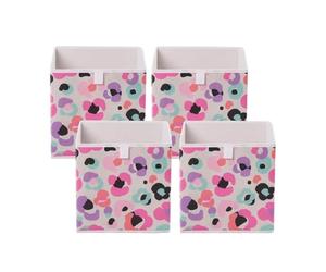 OHS Set of 4 Cube Storage Boxes Leopard Print, Foldable Fabric Storage Baskets Home Organiser Toys Clothing Bathroom Pop Up Collapsible Space Saving Cube Storage, Multi