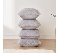 OHS Set of 4 Fluffy Shaggy Filled Cushion with Cover Square in Silver | Size: 45 cm x 45 cm OHS Silver 45 cm x 45 cm