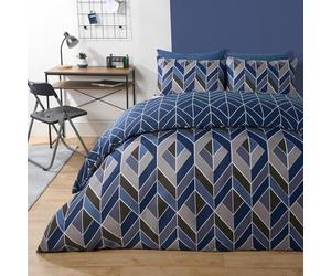 OHS Single Duvet Set Abstract Chevron Reversible, Ultra Soft Warm Fabric Stylish Abstract Chevron Pattern Luxurious Single Duvet Cover & Matching Pillowcase, Navy