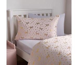 OHS Single Metallic Heart & Unicorn Fleece Bedding Set, Soft & Warm, Whimsical Metallic Hearts & Unicorns Design Duvet Set & 1 Pillowcase, Pink-Single Size