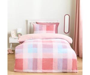 OHS Single Teddy Fleece Duvet Set, Christmas Winter Fluffy Cosy Patchwork Check Sherpa Reversible Duvet Cover Single Super Soft Warm Thermal Teddy Bear Bedding & Pillowcases, Multi