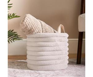 OHS Small Storage Baskets with Handles, Faux Fur Ribbed Toys Laundry Basket Storage Box for Home Office Organiser Soft Compact Decorative Blanket Basket, Natural