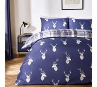 OHS Stag Duvet Cover Check Bedding Set Christmas Quilt Winter Pillowcase in Navy | Size: Double OHS Navy Double