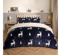 OHS Stag Print Fluffy Ribbed Bedding Double, Super Soft Warm Fluffy Quilt Covers with Pillowcases Thick Rib Bedding Double Reverse Fur Fleece Duvet Covers Winter Bedding - Navy