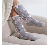 OHS Star Teddy Fleece Womens Bed Socks Fluffy Pair Sherpa Non Slip Sole, Grey