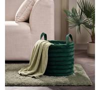 OHS Storage Basket with Handles, Faux Fur Ribbed Small Laundry Basket Storage Box Round Shelf Baskets for Toys Blankets Dirty Clothes Baskets for Living Room Nursery Bedroom Office, Forest Green