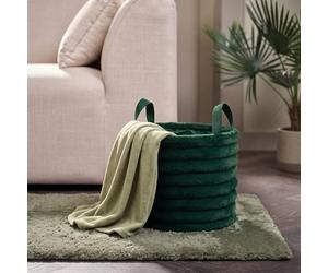 OHS Storage Basket with Handles, Faux Fur Ribbed Small Laundry Basket Storage Box Round Shelf Baskets for Toys Blankets Dirty Clothes Baskets for Living Room Nursery Bedroom Office, Forest Green