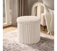 Ohs Storage Box Lid Ottoman Folding Ribbed Fleece Seat, Cream - Round