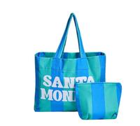 OHS Stripe Beach Tote Bags for Women, Santa Monica Slogan Large Beach Bag with Matching Zip Pouch Waterproof Lining Reusable Grocery Bags for Women Travelling Shopping Pool, Green/Blue