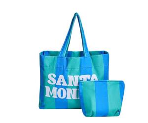OHS Stripe Beach Tote Bags for Women, Santa Monica Slogan Large Beach Bag with Matching Zip Pouch Waterproof Lining Reusable Grocery Bags for Women Travelling Shopping Pool, Green/Blue