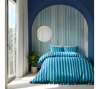 OHS Stripe Bedding Double Duvet Set, Super Soft Cosy Warm Microfibre Polyester Double Bedding with Frill Edge Stylish Comfy Quilt Cover Set with Pillowcases, Blue/Green