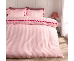OHS Stripe Bedding Quilt Covers Single Reversible, Gifts for Women Super Soft Cosy Warm Microfibre Polyester Stylish Wave Edge Single Duvet Cover Set with Pillowcase, Pink/Red