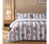 OHS Stripe Bow Coverless 10.5 Tog Duvet Set Double, Natural - Double | All in One Coverless Duvet No Cover Needed Soft Polyester 10.5 Tog Double Bed Washable